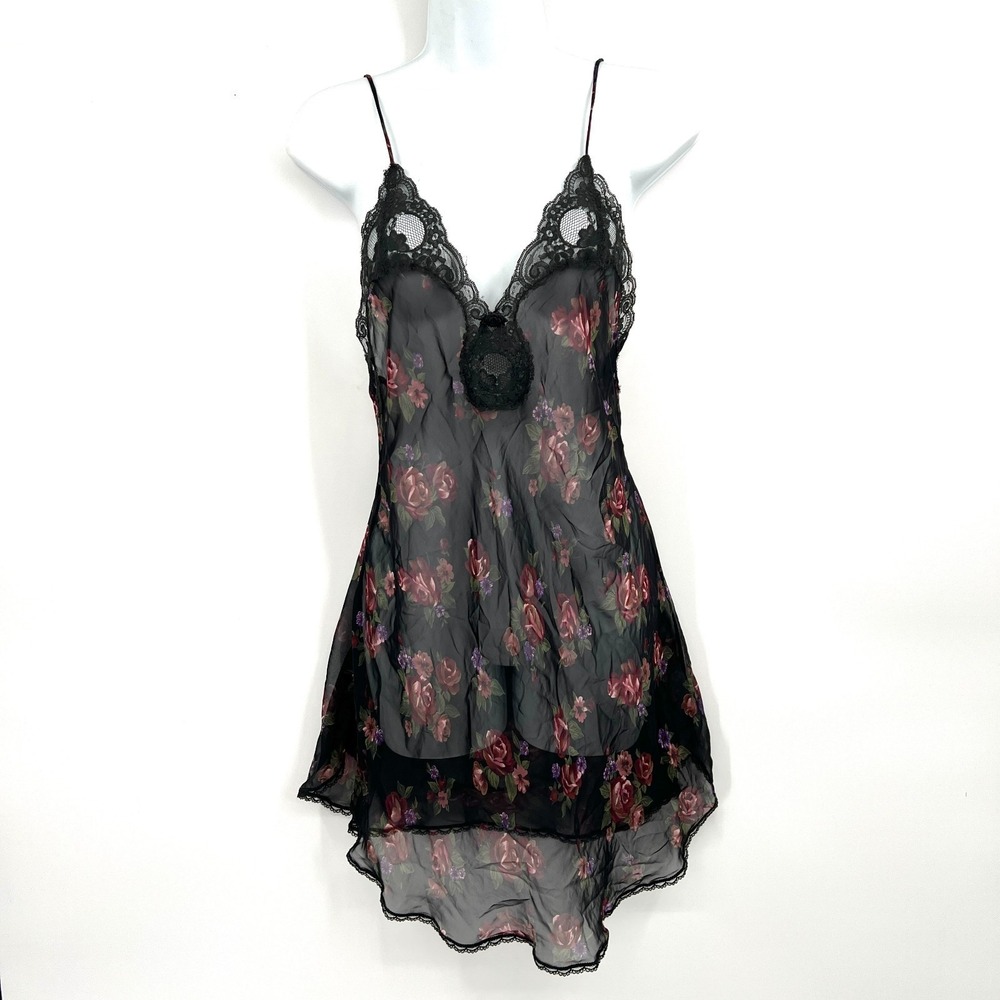 Vintage y2k‎ Whimsigoth 90s grunge Dark Coquette romantic sheer floral slip S